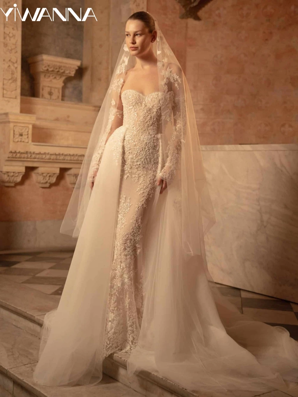 

Detachable Train Sleeve Beaded Long Wedding Dress Dreamy Sweetheart Neck Bridal Gown Customized Exquisite Dresses For Bride