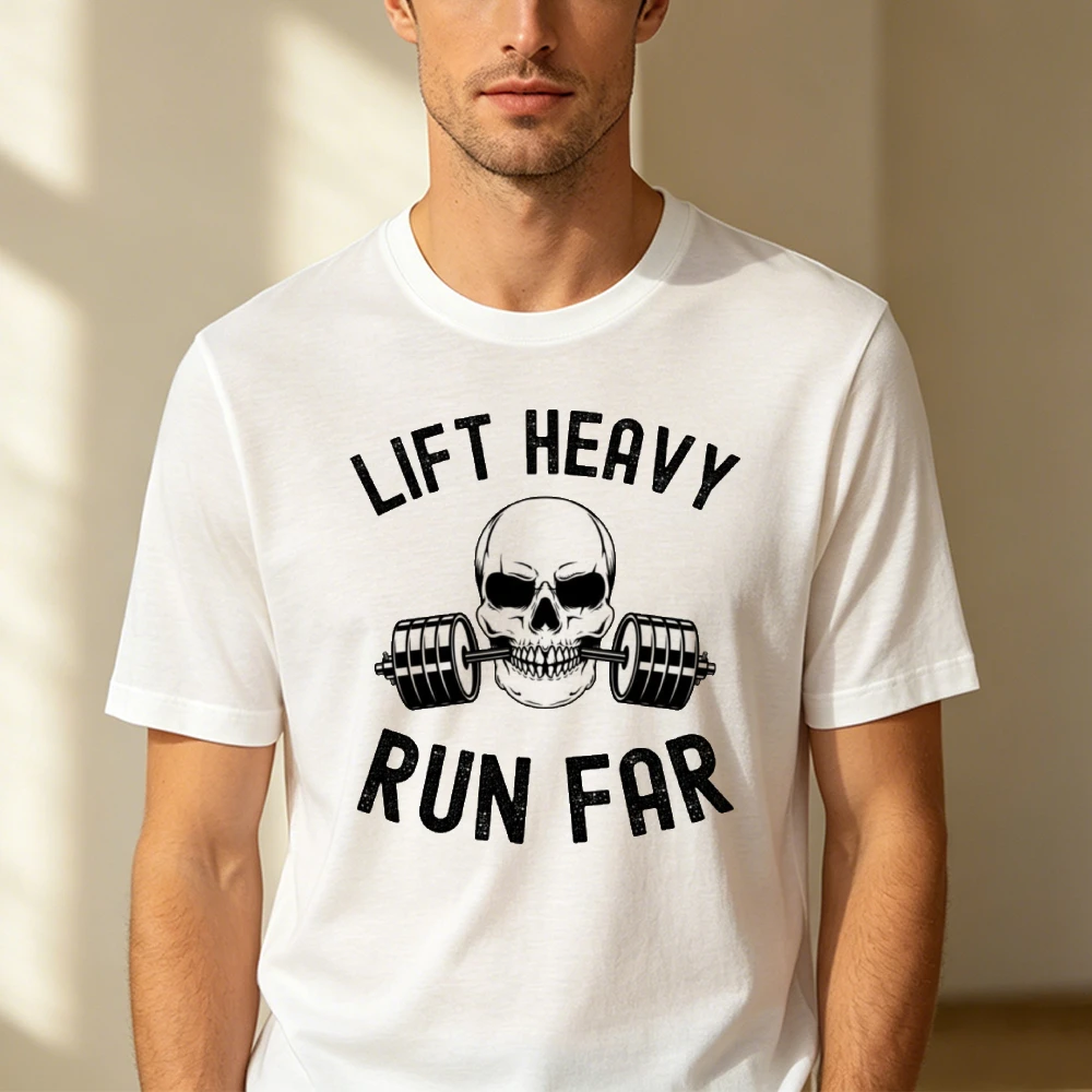 Lift Heavy Run Far Skull Barbell Distressed Lettering Men Summer T Shirt Tough Fitness Gym Motif Short Sleeve Garment Style