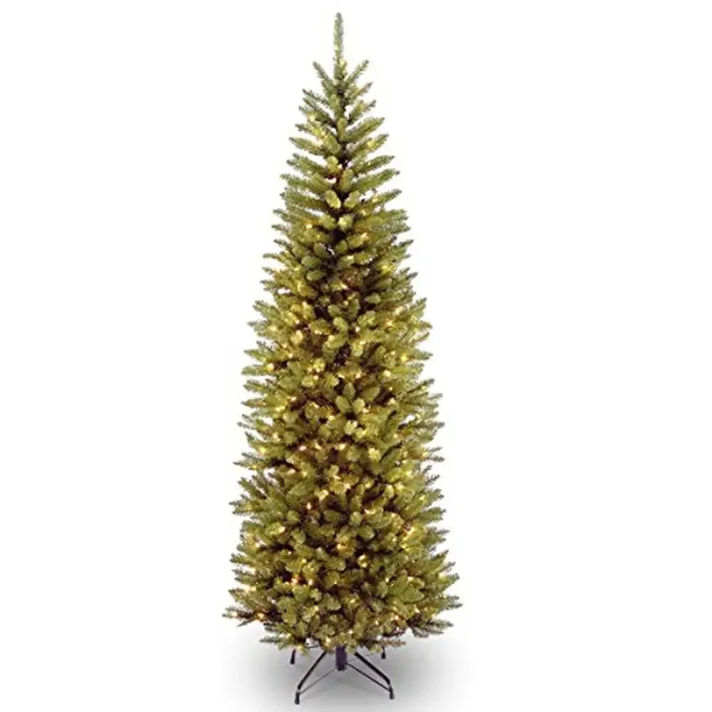 6.5ft Slim Green Kingswood Fir Christmas Tree White Lights Stand Pre-Lit Lifelike Branches Hypo-Allergenic Fire-Resistant Metal