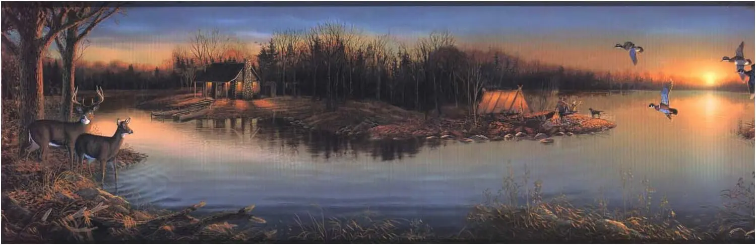 

Бордюр для обоев «Спокойный вечер», дизайн «Сине-зеленое озеро и лесная хижина» для уютного домашнего декора