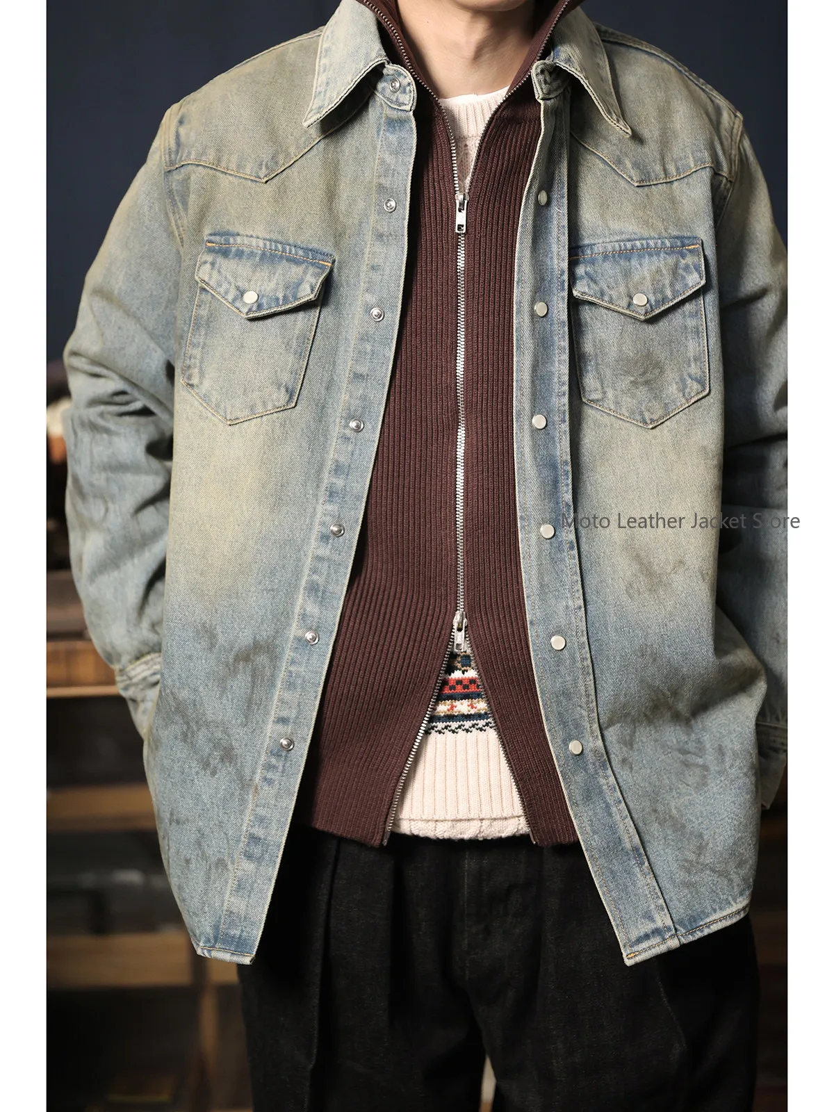 

Oversized Denim Shirt 12oz Washed Distressed Mud Dyed Loose Denim Shirt Jacket