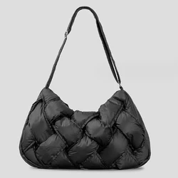 Large capacity down cotton nylon shoulder bag with crossbody bag design black woven handbag versatile pleated large bag