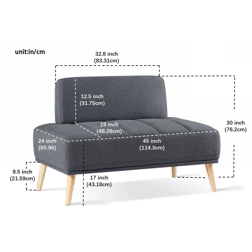 Bangku tempat tidur lebar 45 ", katun Linen kain berlapis kain 2 tempat duduk Sofa bangku Ottoman, bangku sandaran kaki bangku jendela, abu-abu