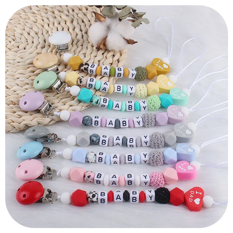 

Custom Name Personalize English Letter Dummy Clip Pacifier Clips Holder Baby Silicone heart Pacifier Chain Baby Soother Chew Toy