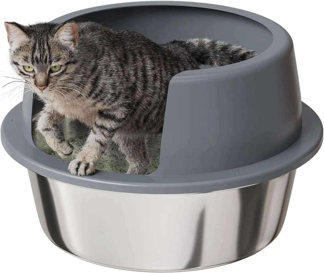

Round High-Sided Stainless Steel Cat Litter Box,Stainless Steel Litter Box with Lid,Extra Large Box,Easy-to-Clean Metal