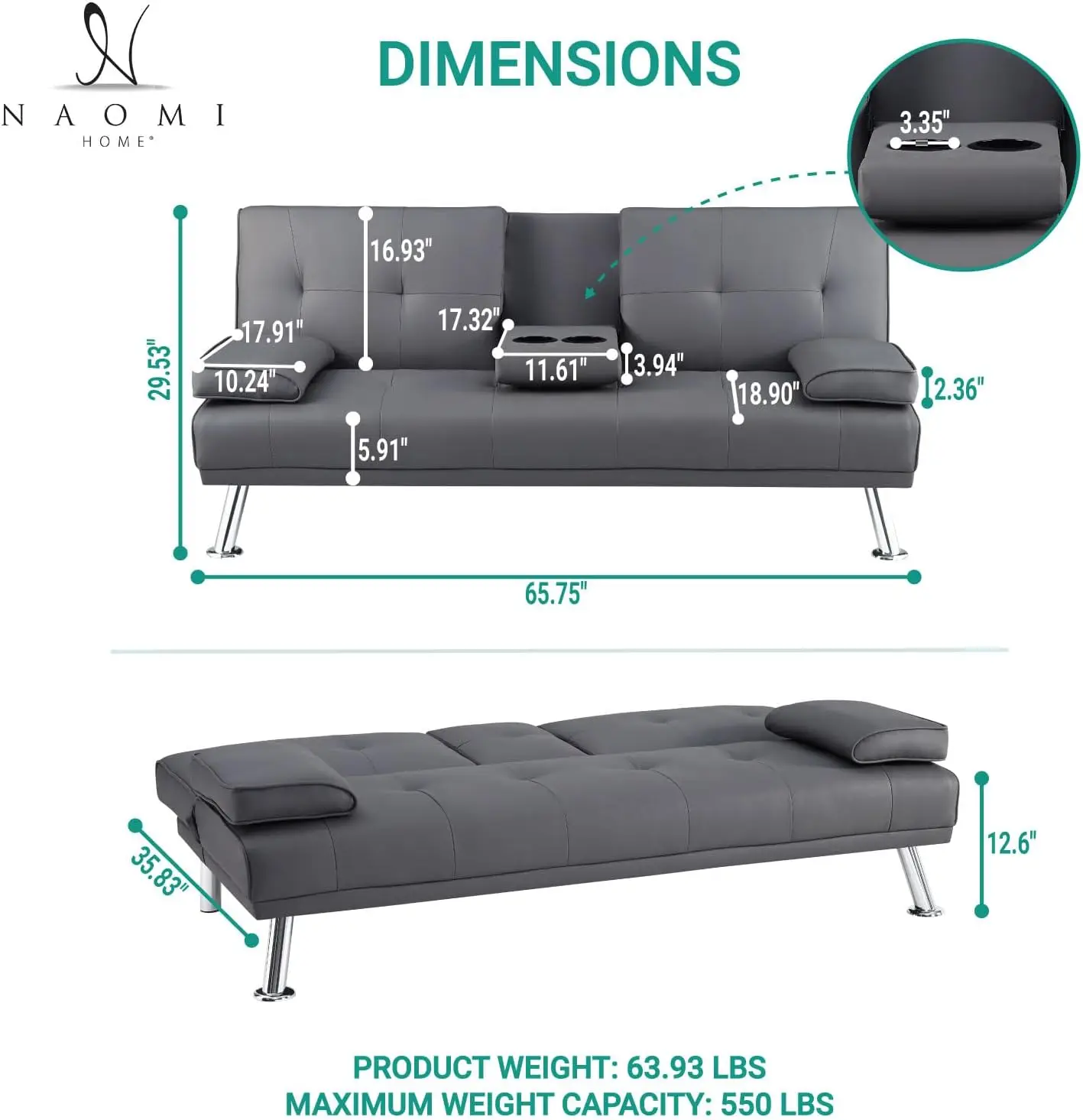 Naomi Home Transform Your Living Space with Comfort Gray Futon Sofa Bed with Armrest, Cupholders, & Reclining Function