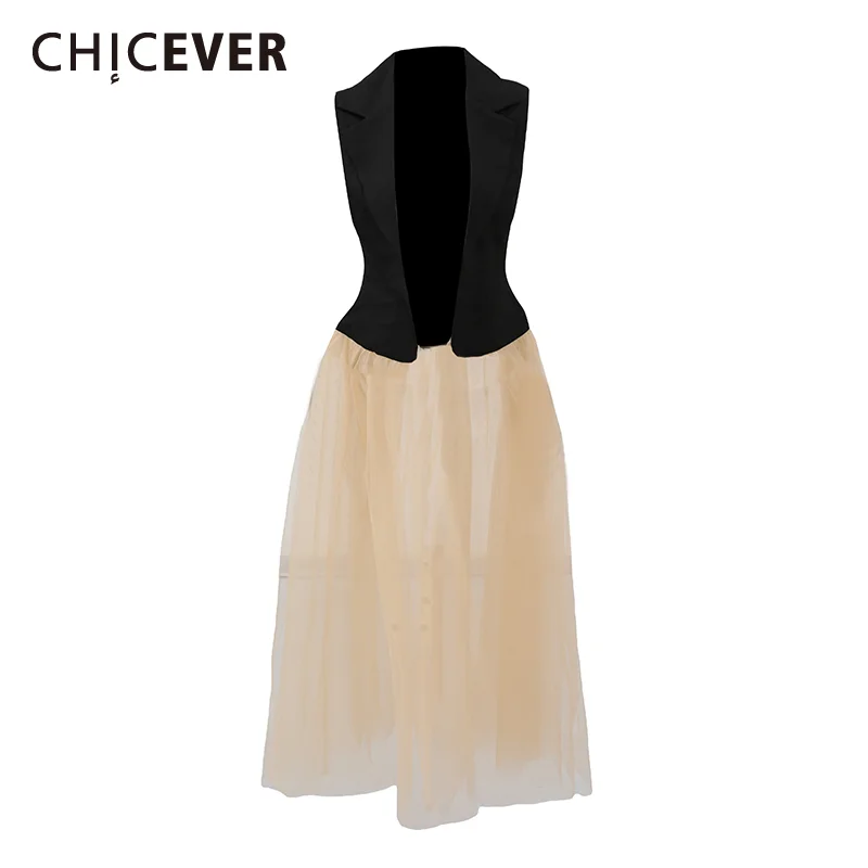 CHICEVER Hit Color Desinger Blazer Jacket for Women Lapel Sleeveless Patchwork Sheer Mesh Runway Style Cardiagns Female Fashion