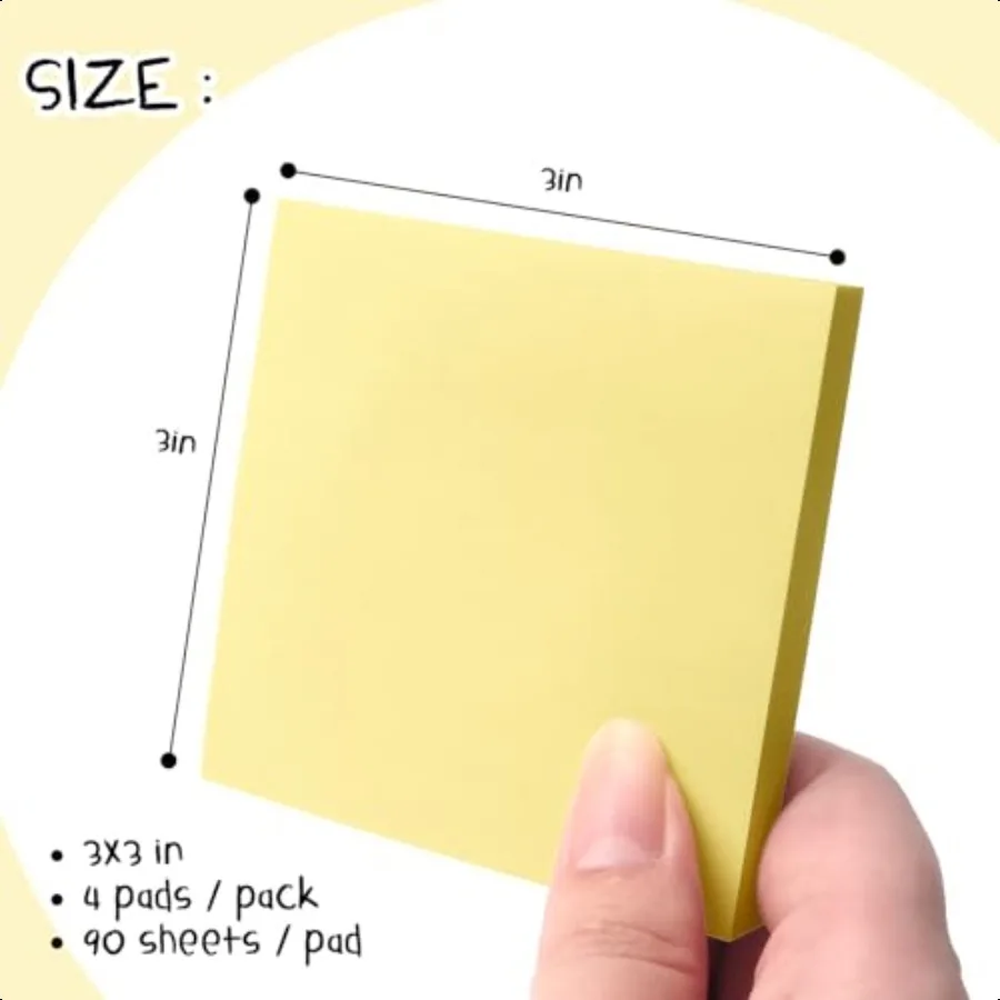 Sticky Notes 3x3 SelfStick Notes Pads with Bright Colors Easy to Post for Office School Home 4 Pads Pack 90 Sheets Pad Yellow