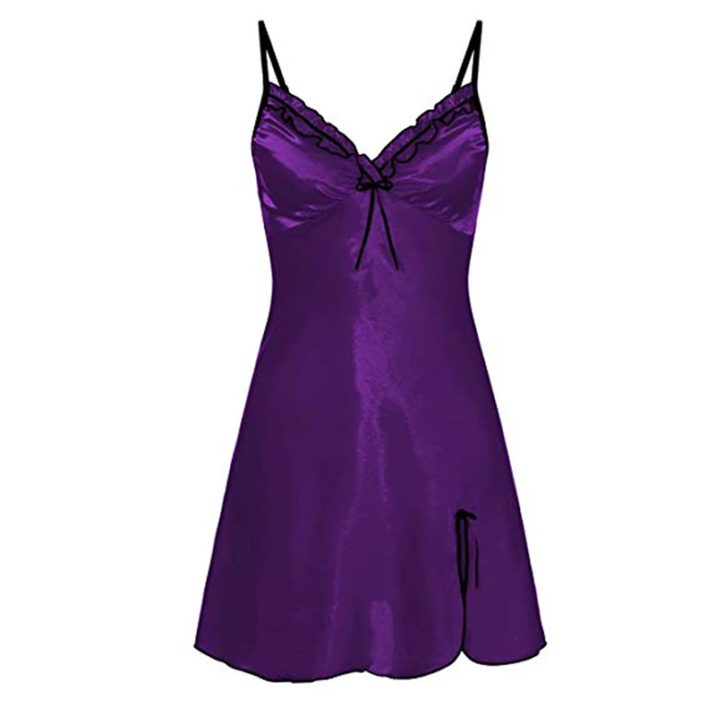 Robe de nuit sexy en dentelle pour femmes, chemise de nuit en satin, chemise de nuit à col en V, vêtements de nuit grande taille