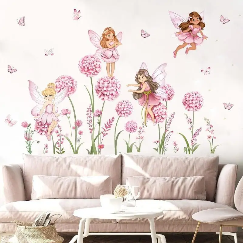 Z. Cartoon Pink Flower Fairy Dandelion Wall Stickers Girl Room Floral Butterfly Wall Decals Bedroom Baby Nursery Kids Home Decor
