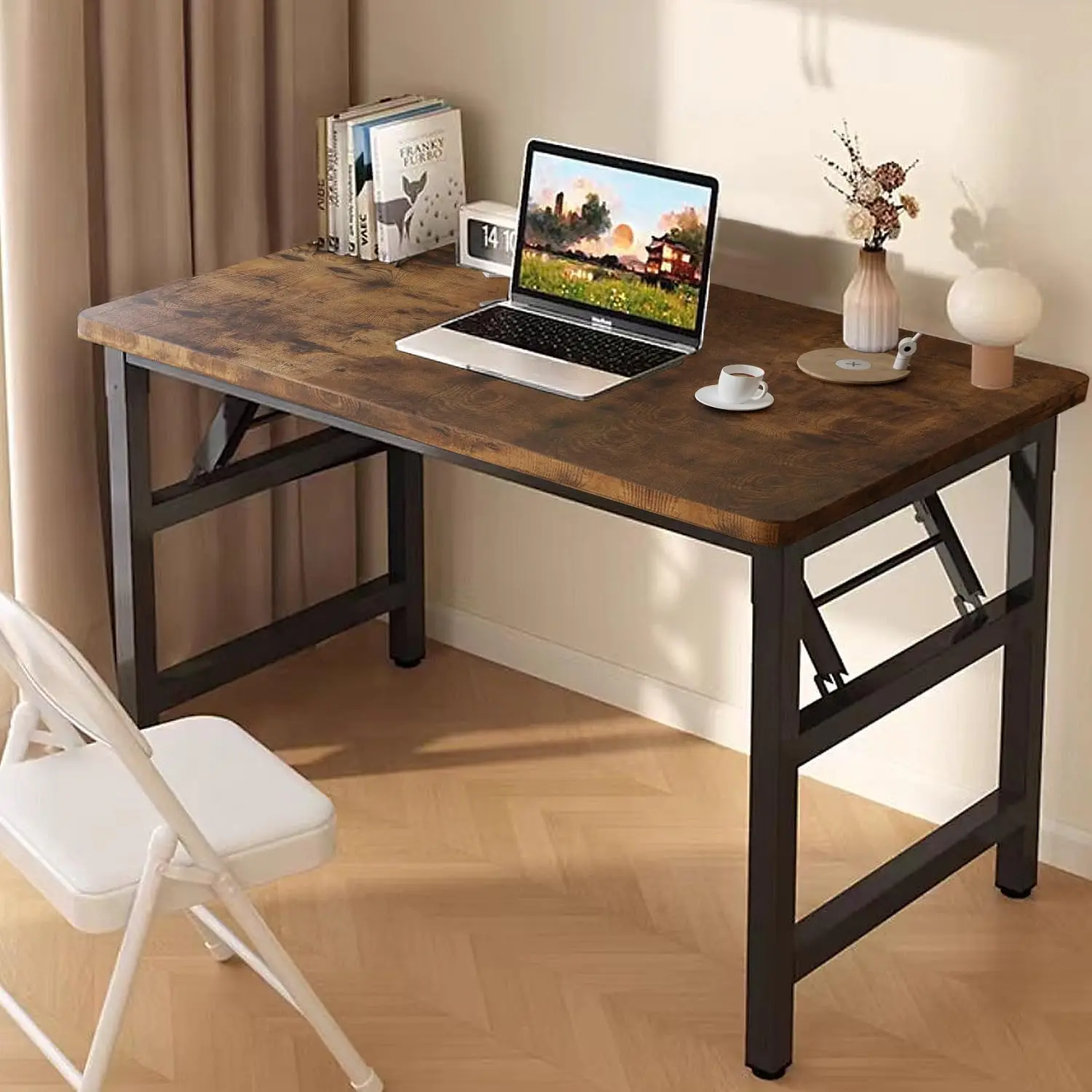 

39.4 Inch Folding Table，Square Folding Desks for Small Space,Small Foldable Desk No Assembly,Rustic Brown., Customized