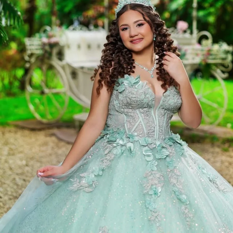 

Customized Shiny Mint Green Quinceanera Dresses Off the Shoulder sequin applique 3D flower Long tail Vestido 15 Quinceanera