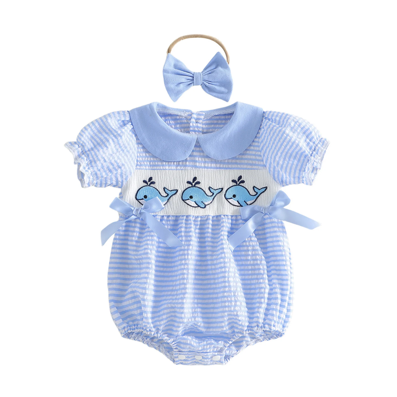 

Наряд для новорожденных девочек, боди с короткими рукавами, в полоску, с вышивкой в виде кита, с бантом на голову, летняя одежда