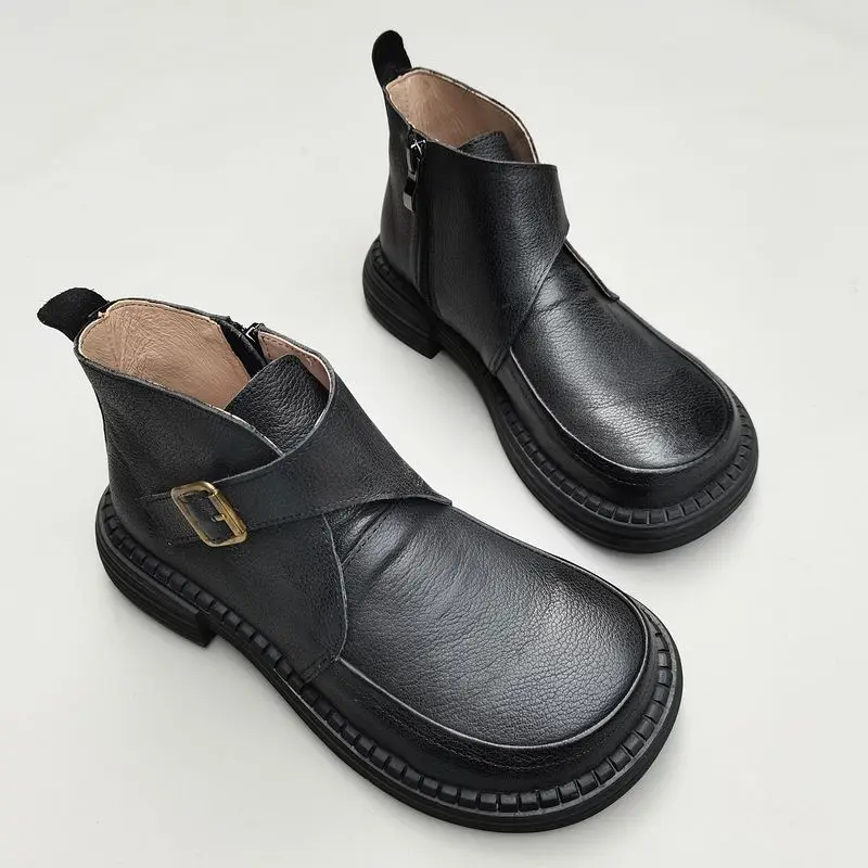 

Natural Leather Boots Cowhide Women's Short Boots Wide Toe Feet High Top Knight Fashion Boots Spring Autumn Big Noses