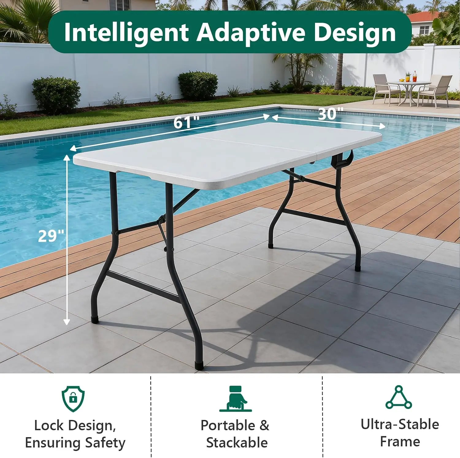 5FT Folding Table with 6 Pack Folding Chair, Foldable Picnic Table with Adjustable Height and Plastic Foldable Chairs for Weddin