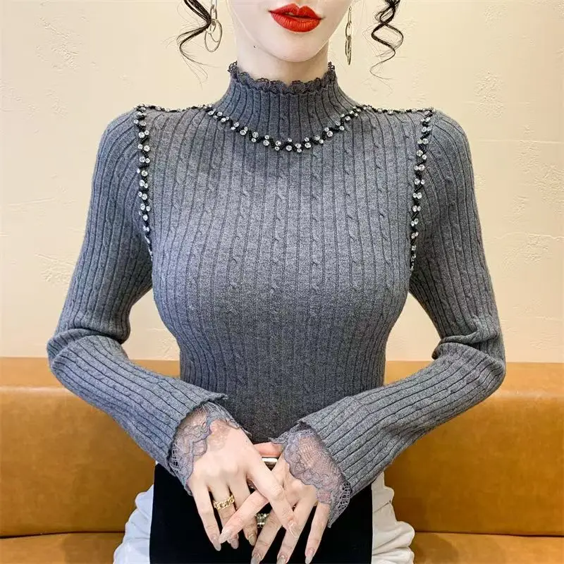 

Осенне-зимние модные пуловеры, свитер, тонкая кружевная лоскутная трикотажная рубашка, водолазка с длинным рукавом, женский трикотаж