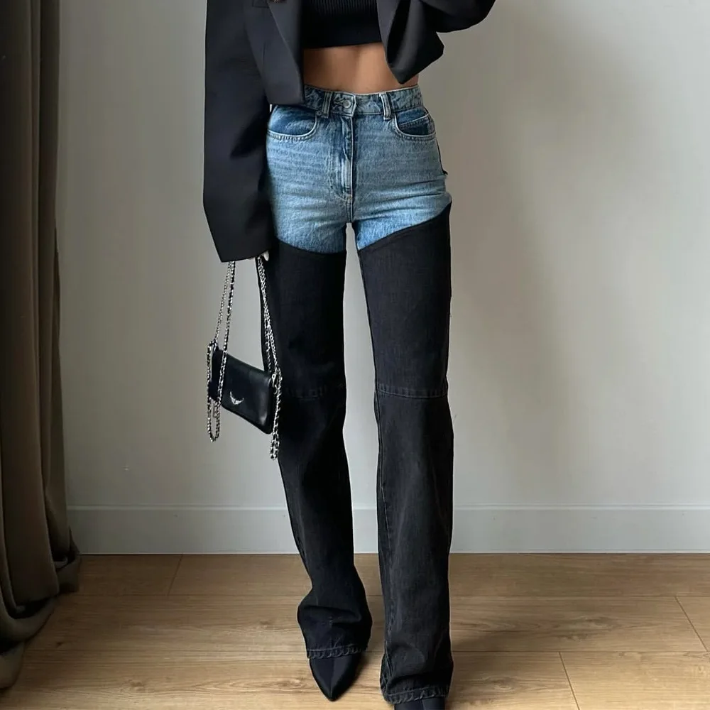 Women's Two Tone Denim Pants Light Blue & Black Patchwork High Waist Flared Jeans Y2K Streetwear Trousers For Dating & Daily