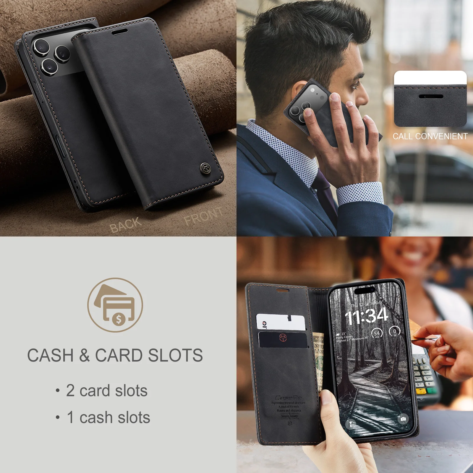Caseme-013 애플 아이폰 17 /프로맥스 16 15 14 13 12 11 X XR XS 맥스 북 플립 PU 가죽 지갑 케이스 카드 슬롯 스탠드 커버