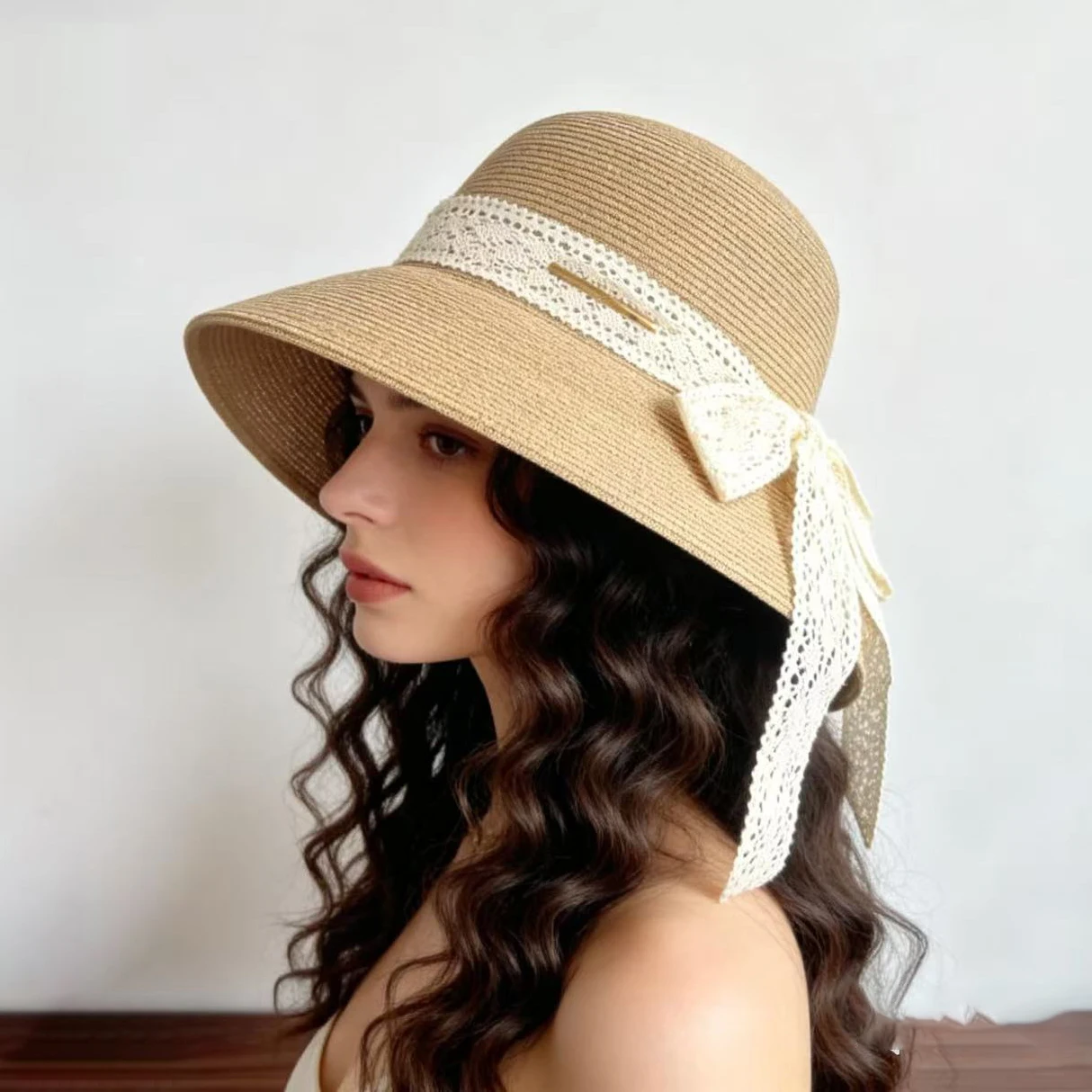 

Женская летняя соломенная шляпа, элегантная рыбацкая шляпа с кружевными лентами, складная солнцезащитная шляпа