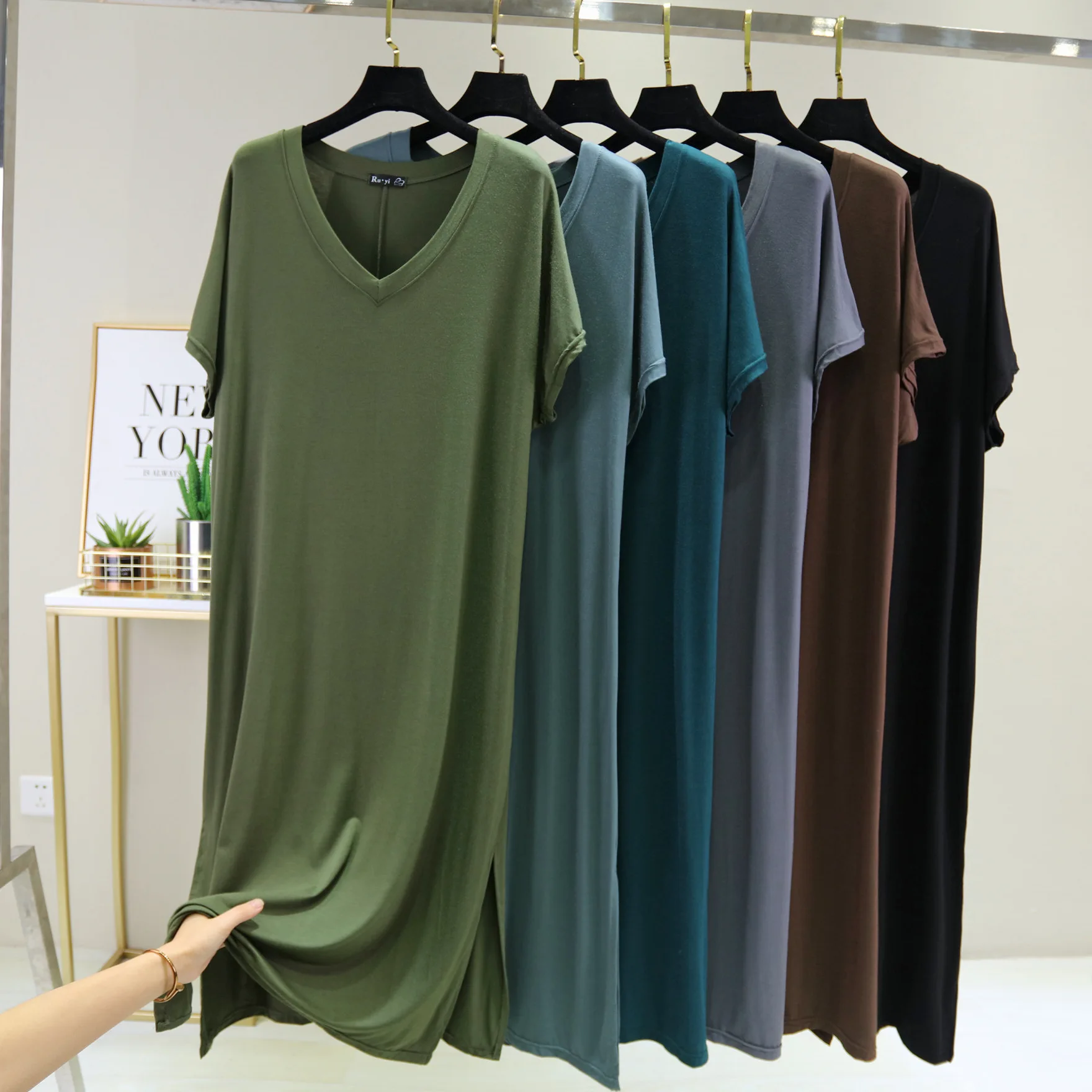 Modal Casual Thin Dress V-neck Large size Women's Loose Dresses Short sleeves Solid color split sleepdress