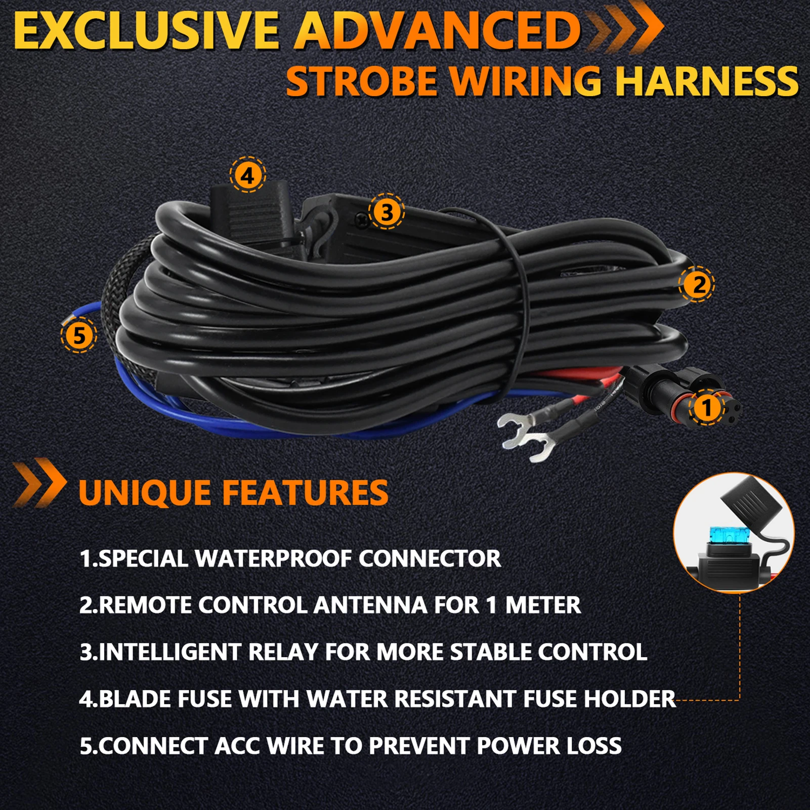 Motorcycle Wiring Harness Kit, 300W 16 AWG Waterproof Connector Wiring Harness Kit Motorcycle Spotlight Wiring Harness Kit