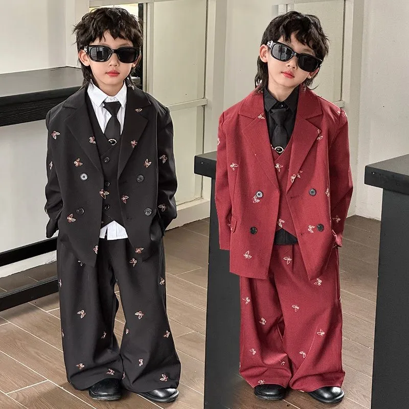 

2026 Creative Spring/Autumn Children's Printed Blazer Set Boys' Host Performance Costume Coat Vest Pants 3-piece Suit Set LI783