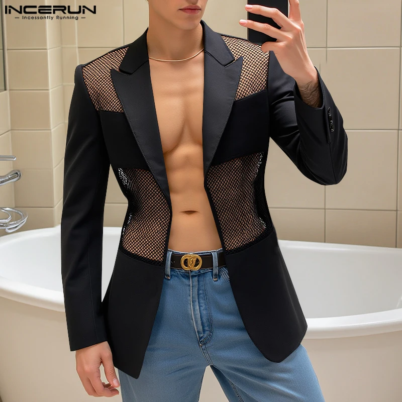 Fashion Sexy Style Tops INCERUN Handsome New Men Mesh Hollow Splicing Suit Male Long Sleeved Cardigan Casual Blazers S-5XL 2025