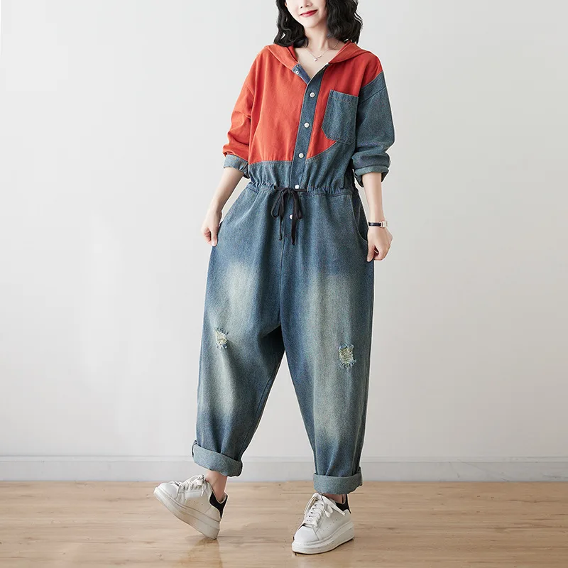 

Long Sleeve Hooded Jumpsuit Women Contrast Colors High Waist Drawstring Buttons Hip Hop One-piece Wide Leg Denim Tooling Overall