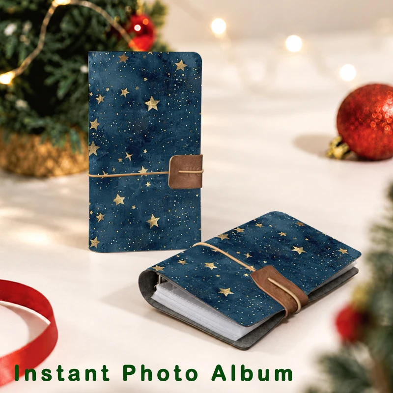 Dark Blue Golden Star Print Photo Album 20 Pages 80 Pockets PU Cover Double Pocket Portable Memory Book Holiday Photo Storage
