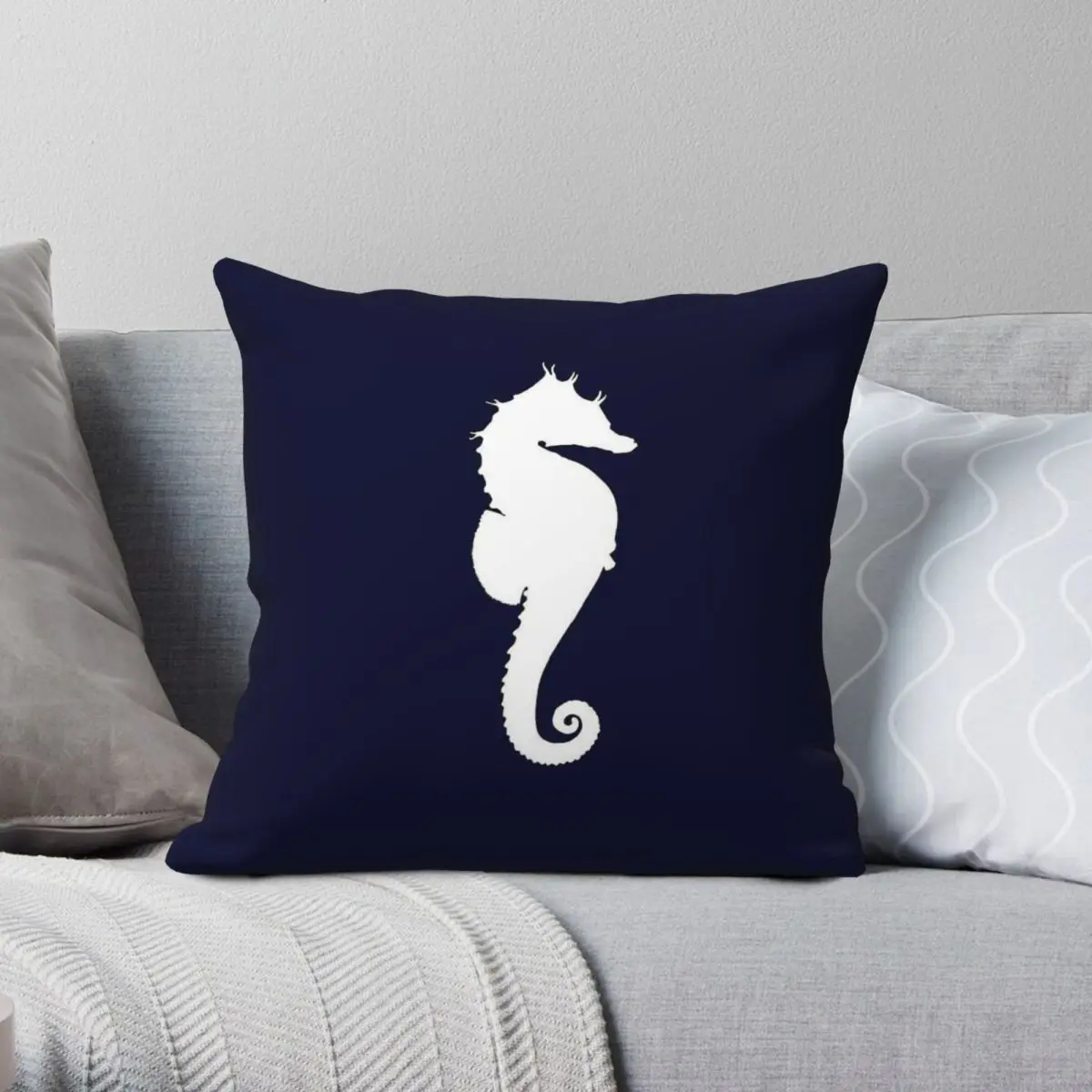 White Seahorse On Navy Blue Square Pillowcase Polyester Linen Velvet Creative Zip Decorative Bed Cushion Cover Wholesale