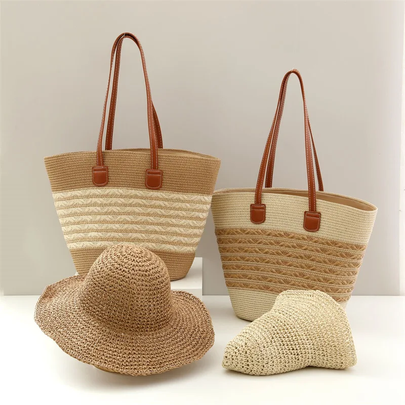 USPOP Two-pieces Hand Crocheted Straw Hat Bag Set Casual Stylish Beach Large Capacity Tote Bag Foldable Wide Brim Straw Sun Hat