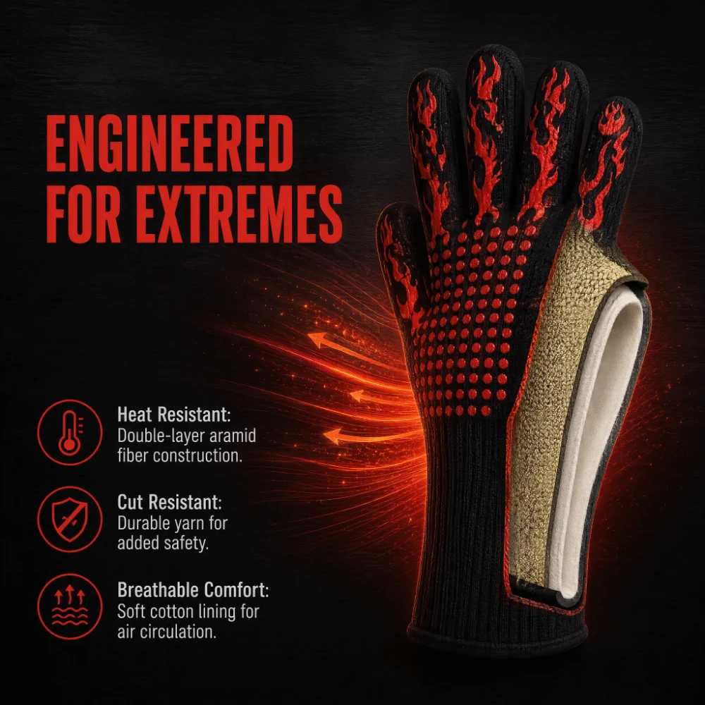 Durable 800°C Heat Resistant BBQ Glove Aramid Silicone Oven Glove Double Layer Cut Resistant Grill Mitt Baking