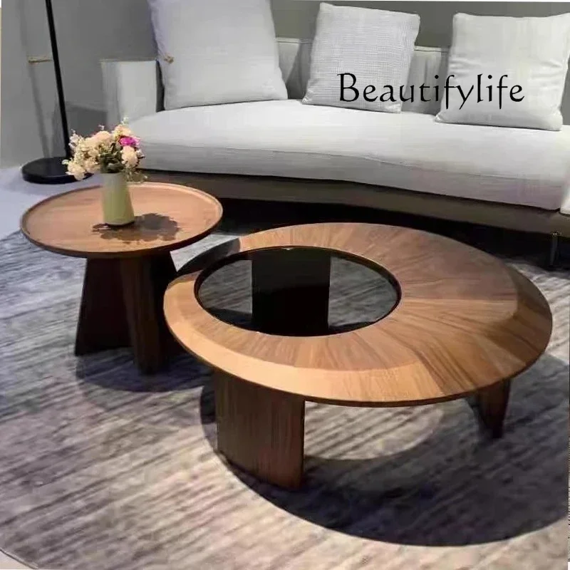 โต๊ะกาแฟไม้เนื้อแข็งสไตล์วินเทจพร้อมกระจกสำหรับห้องนั่งเล่น ดีไซน์วงกลมสองชั้นที่เป็นเอกลักษณ์ โต๊ะกาแฟทันสมัย