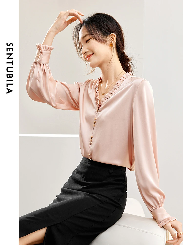 SENTUBILA French Satin Shirt Women 2024 Spring Autumn Elegant Female Long Sleeve Ruffled V-neck Tops Blouse Clothing 141V53078