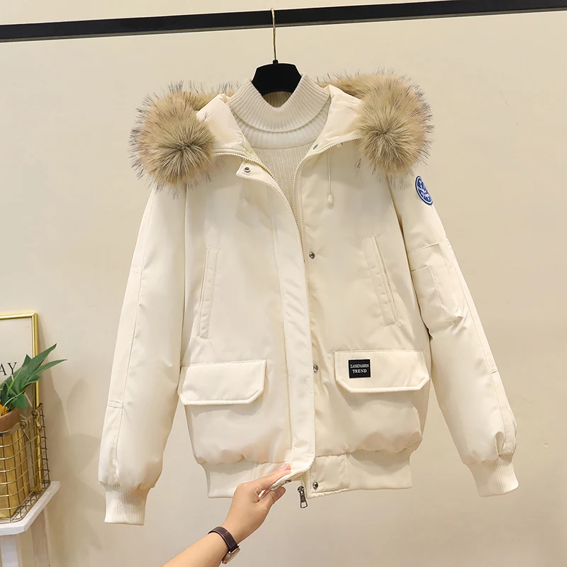 

Women's Thiened Loose down Cotton Jaet with Large Fur Collar Workwear Sle Winter New Design Sense Coat Outerwear