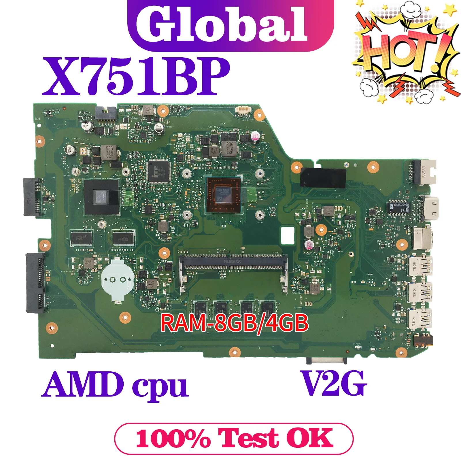 

KEFU Mainboard X751B X751BP F751BP A751BP K751BP Laptop Motherboard AMD CPU 4GB/8GB-RAM V2G Notebook MAIN BOARD TEST OK