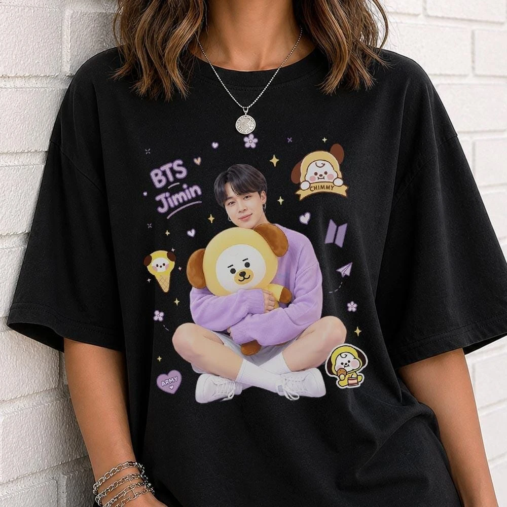Camiseta Unisex BTS Jimin BT21 Chimmy Graphics 100% Algodón, Camiseta de Moda Coreana Kpop Boy Band Arirang World 2026 Tour para Hombre y Mujer