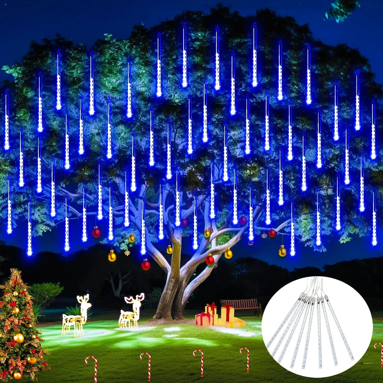 New Meteor Shower Rain Lights 8 Tube Waterproof Falling Rain Fairy Dripping Icicle Lights  Christmas Holiday Tree  Decoration