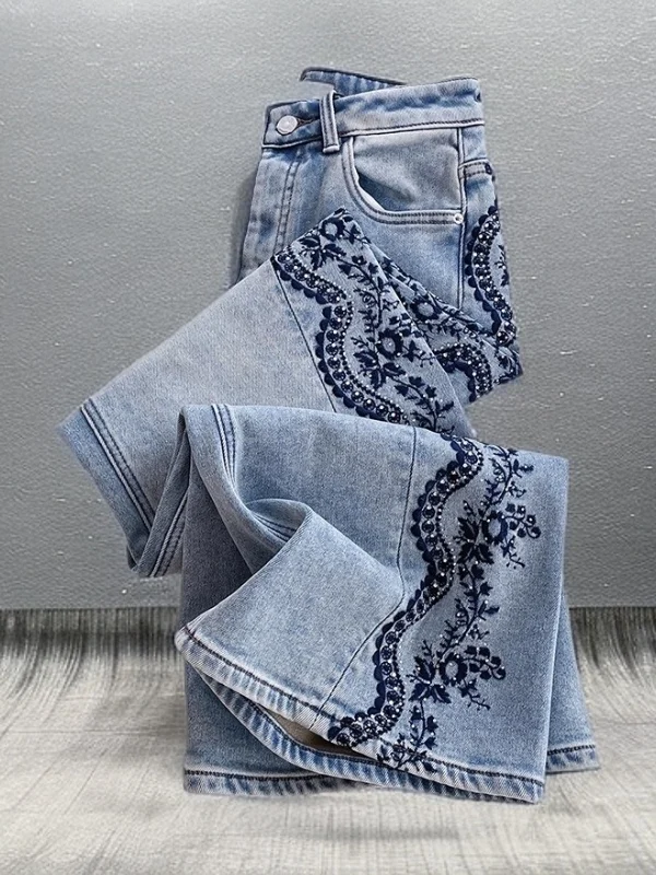 

Waed Denim Wide Leg Pants Sequin High Waist Jeans Spring Faion Street Sle Women's Casual Multi ket Loose Fit Blue