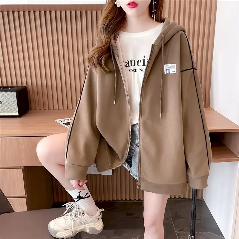 Casual Hoodies Women Autumn Winter Trendy Plush Thicken Hooded Jacket Loose Solid Color Zip Up Hoodie Aesthetic Coat Y2k Clothes