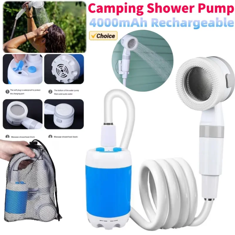 Wireless rechargeable 4000mAh portable outdoor shower pump with water supply for camping, suitable for hiking and outdoor shower