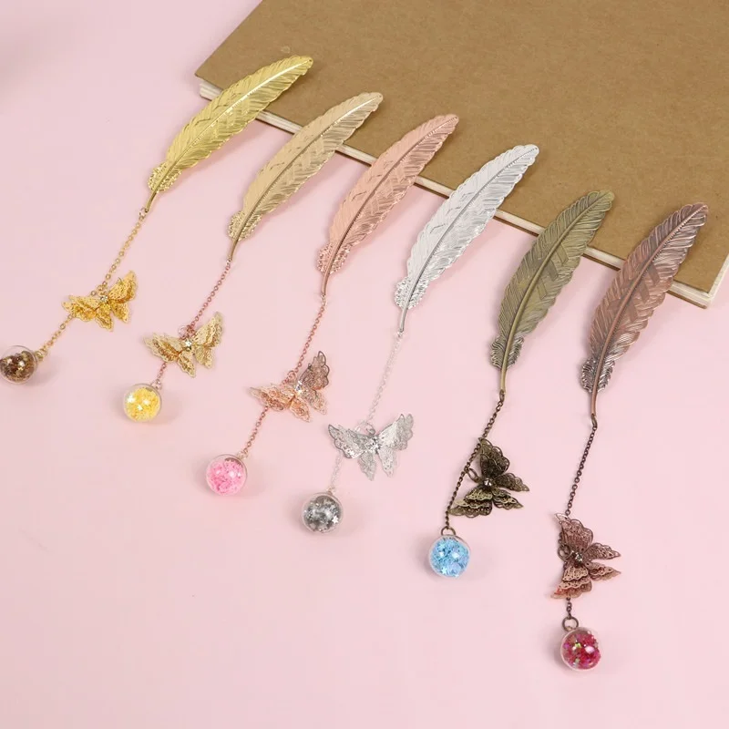 1Pcs Retro Bookmark Feather Glass Ball Pendant Butterfly Creative Metal Bookmarks Promotional Gift Stationery Film Book Mark