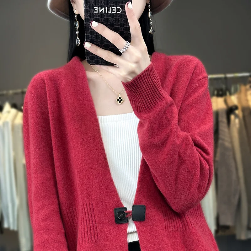 New cashmere sweater in autumn and winter women\'s V-neck cardigan 100% Merino wool knit top fashion Korean bottoming coat