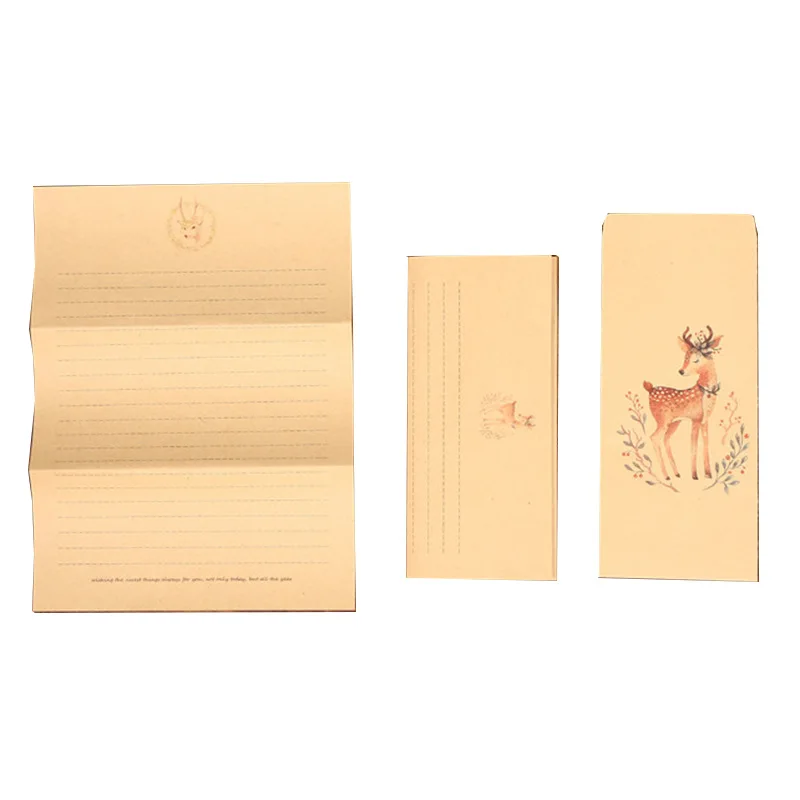 10 ซอง, หัวจดหมาย 10 แผ่น, เส้นแนวนอน, ซองจดหมายย้อนยุค, ชุดกระดาษคราฟท์กวาง