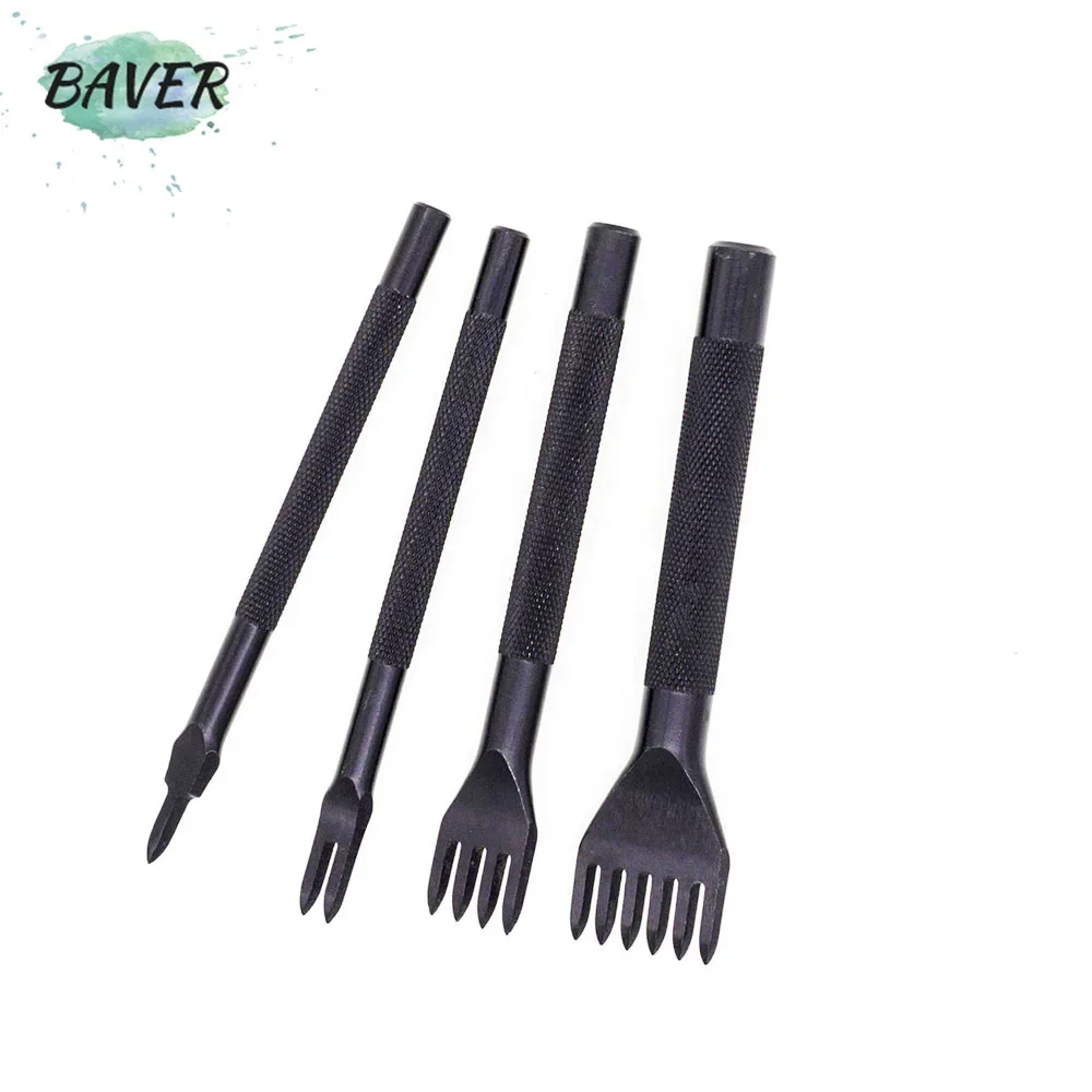 Baver Black Steel Leather Craft Diamond Chisel Stitching Hole Punch Tool 3mm 4mm 5mm 6mm 1 2 4 6 Prong 4pcs/set