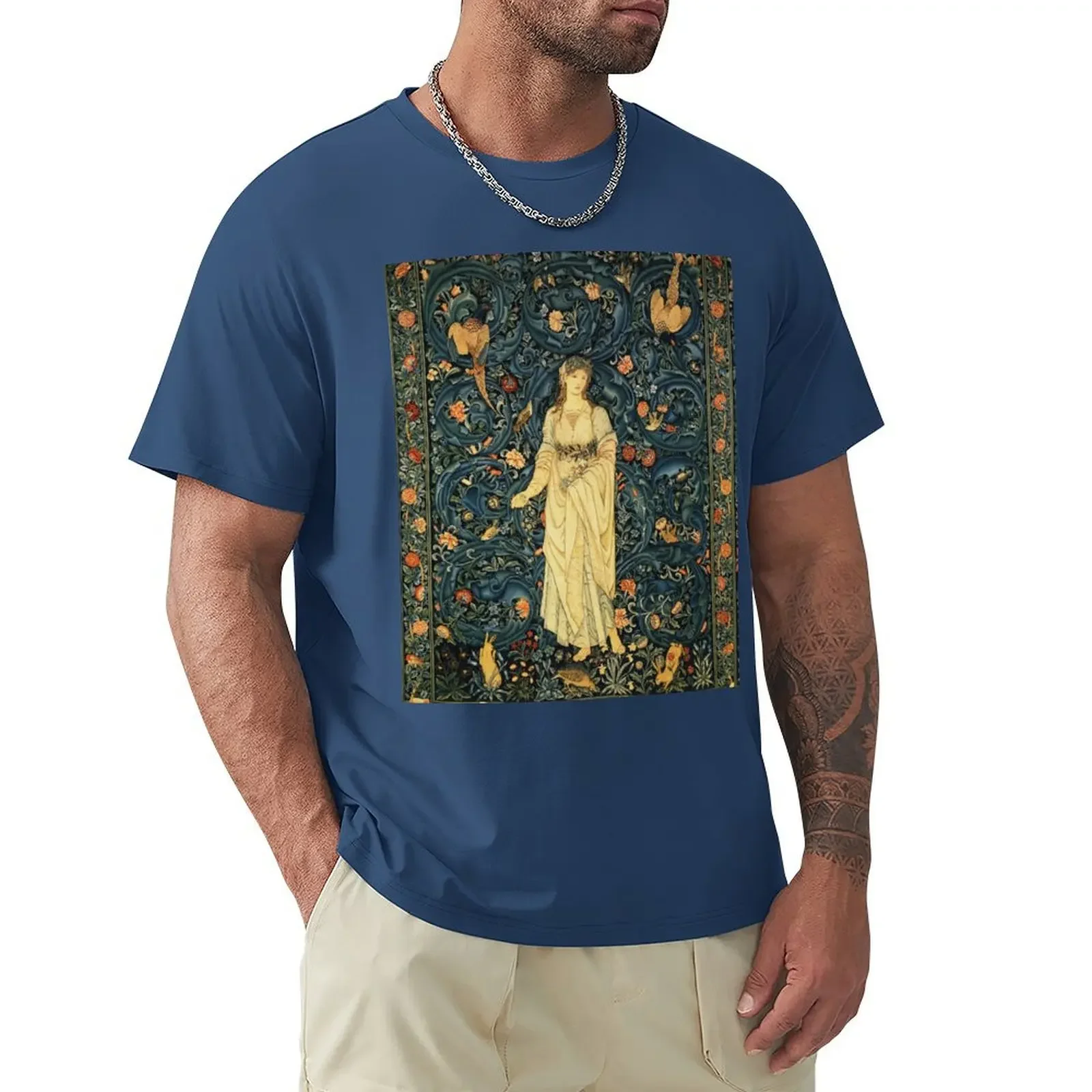 LADY FLORA, GREENERY, FOREST ANIMALS ,PHEASANT BIRDS ,RABBITS Blue Green Floral Tapestry T-Shirt