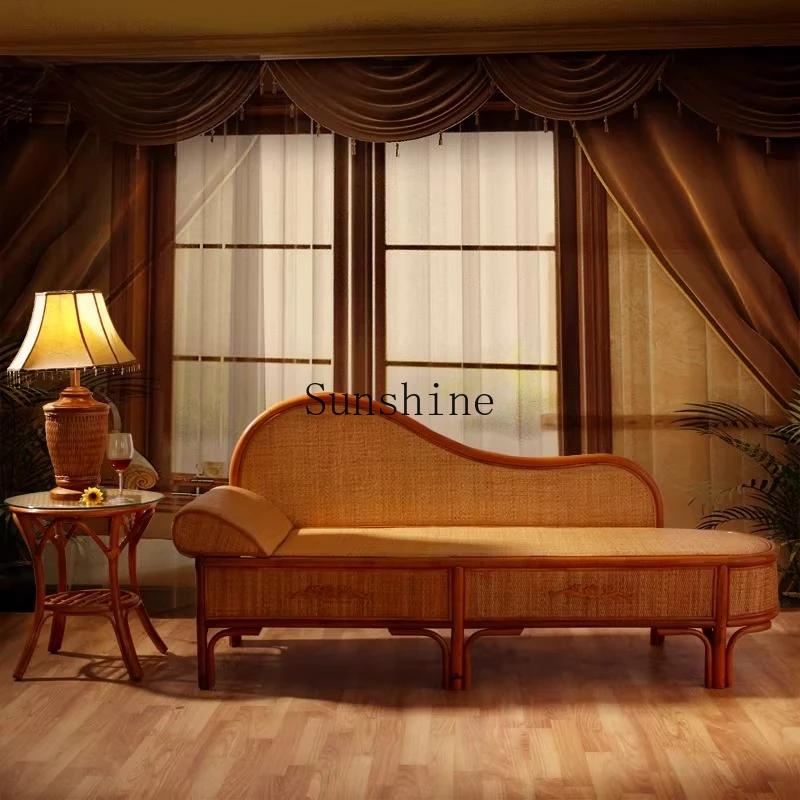 

Natural rattan chaise longue recliner solid wood study living room rattan three-person sofa