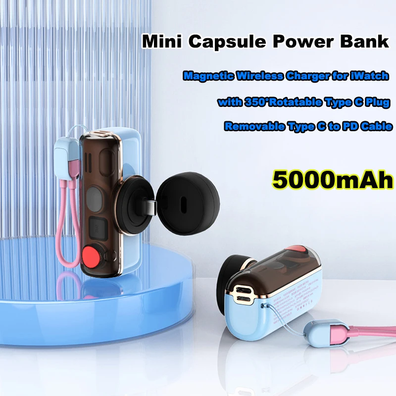 

Mini Power Bank with USB C PD Cable 20W Fast Charging for iPhone 17 16 15 14 Magnetic Wireless Charger for iWatch Apple Watch 10