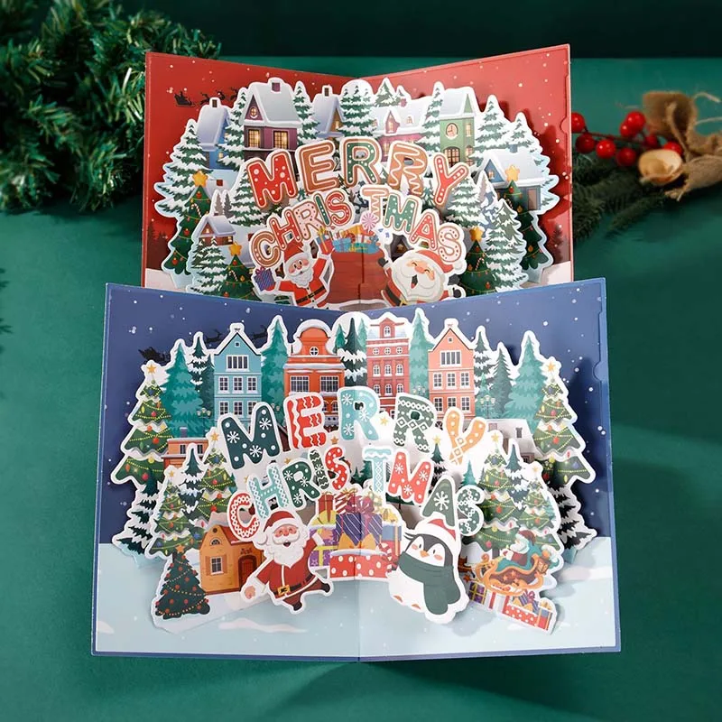 Christmas Greeting Card 3D Xmas Village Santa Penguin Foldable Holiday Postcard with Envelope Christmas Invitation Card Gift