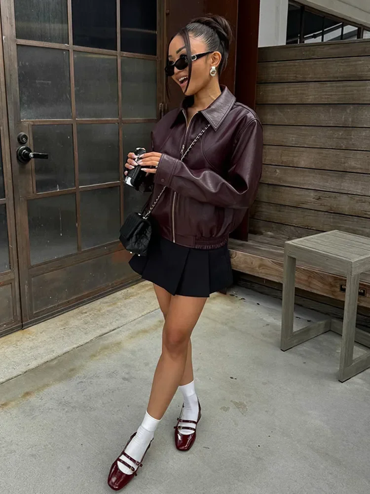 Women Elegant Solid Pu Leather Short Jacket Autumn Chic Lapel Long Sleeves Zipper Crop Coats Fashion Lady Commuting Street Tops